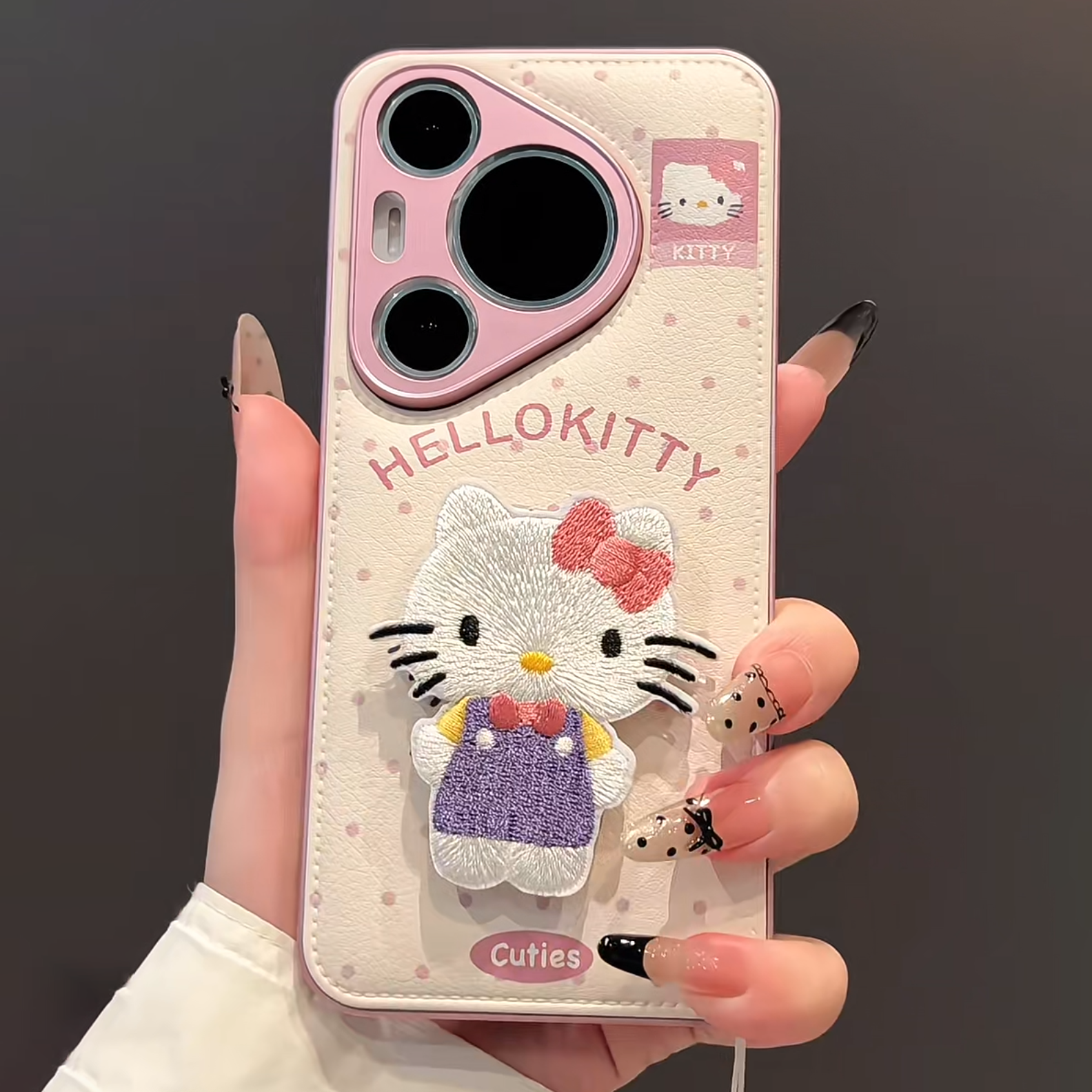 刺绣波点kitty支架手机壳