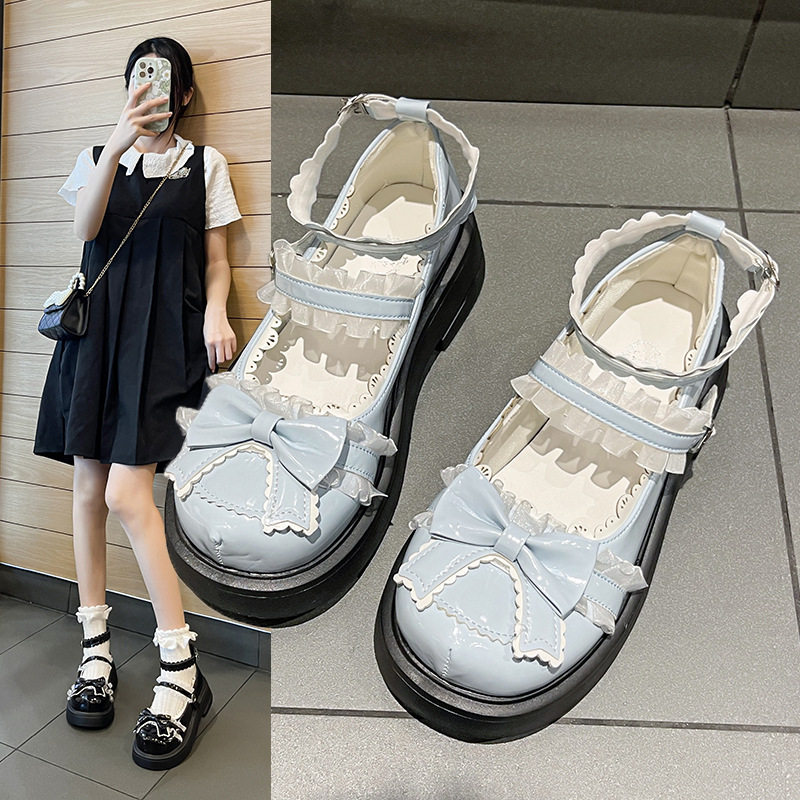 日系洛丽塔小皮鞋女2023春秋新款女鞋子可爱蝴蝶结平底单鞋女