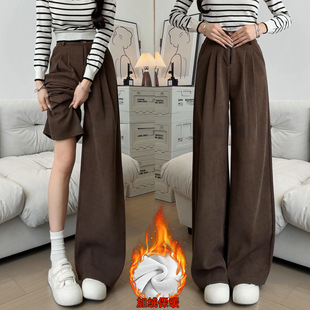 咖色灯芯绒阔腿裤子女秋冬2026新款加绒小个子窄版直筒垂感西装裤