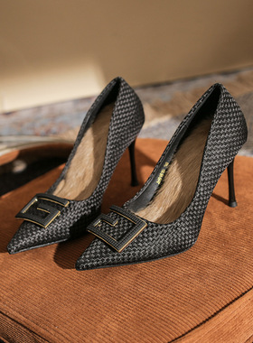 91810气质高跟鞋女2023新款百搭气质编织尖头职业细跟单鞋