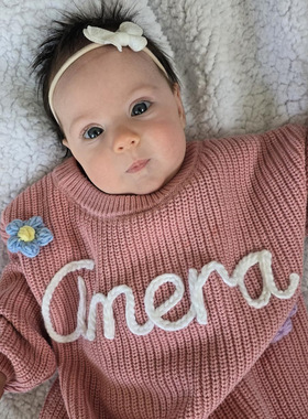 手工刺绣名字 彩点 儿童毛衣 纯棉婴儿 绣花 圣诞 生日 Etsy diy