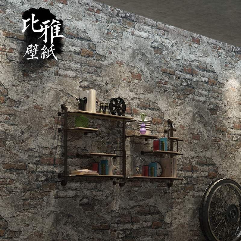 复古水泥灰色砖块砖头砖纹墙纸工业风叙利亚风格餐厅壁纸店铺装修