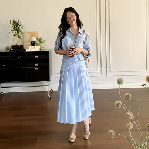 法式松弛感蓝条纹显瘦衬衫裙