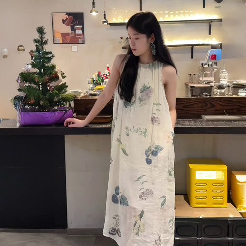 数码印花套头捏摺背心连衣裙女