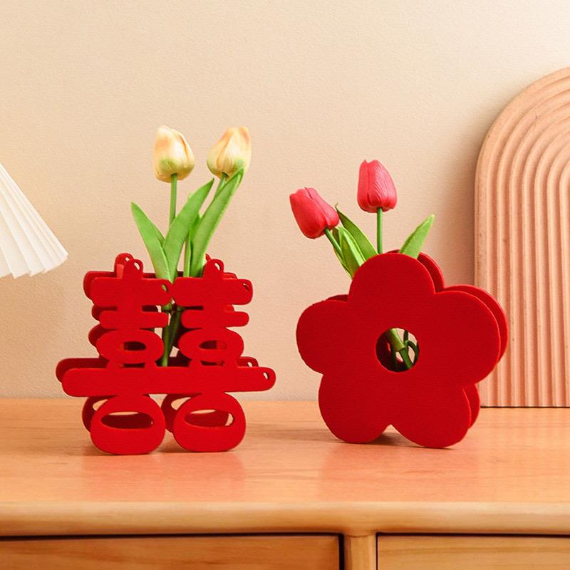 结婚喜字木质花瓶装饰无纺布加厚立体喜字摆件婚房桌面摆件装饰
