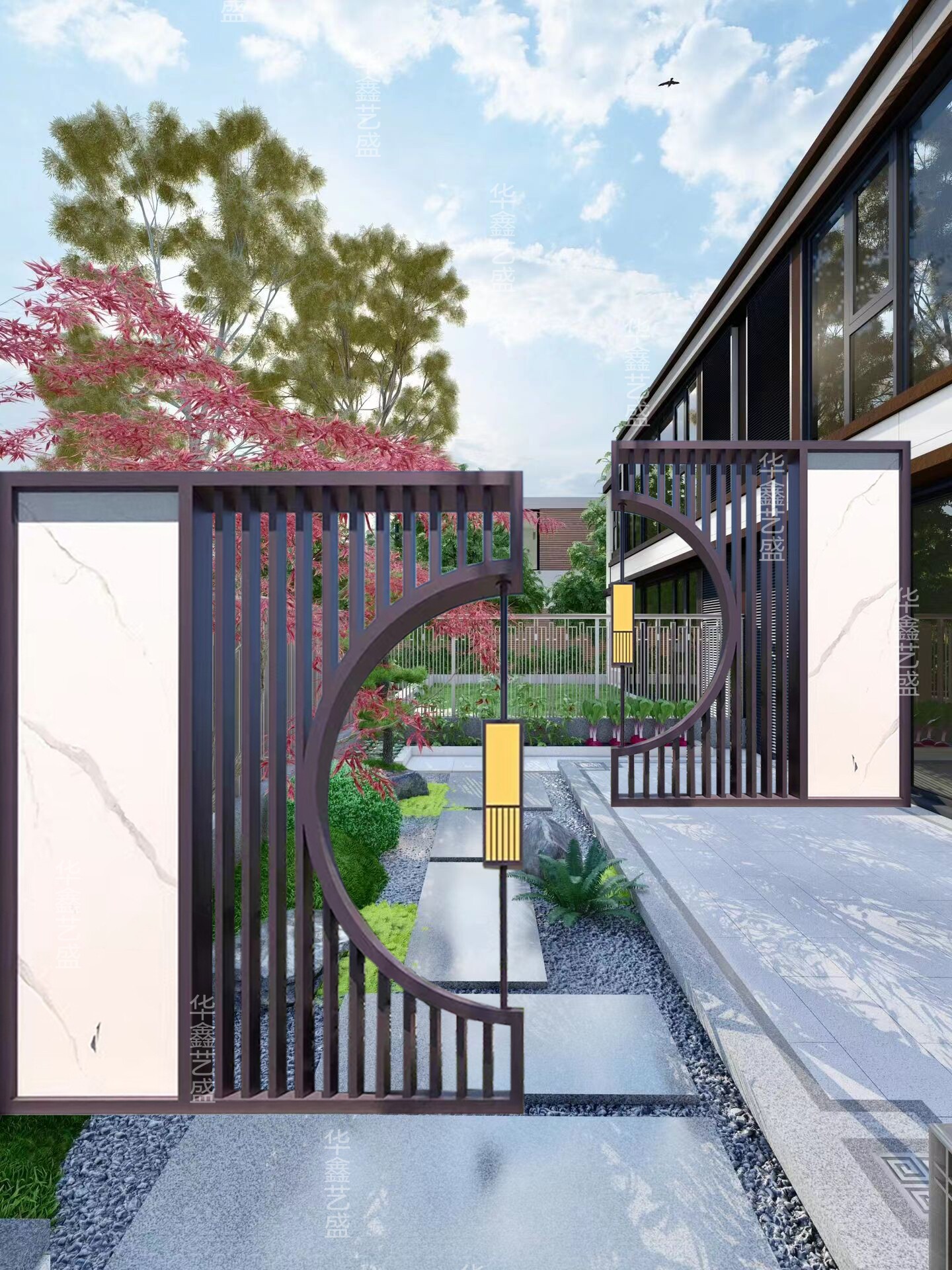 庭院月洞门屏风别墅花园半月形金属格栅影壁墙园林假山隔断背景墙