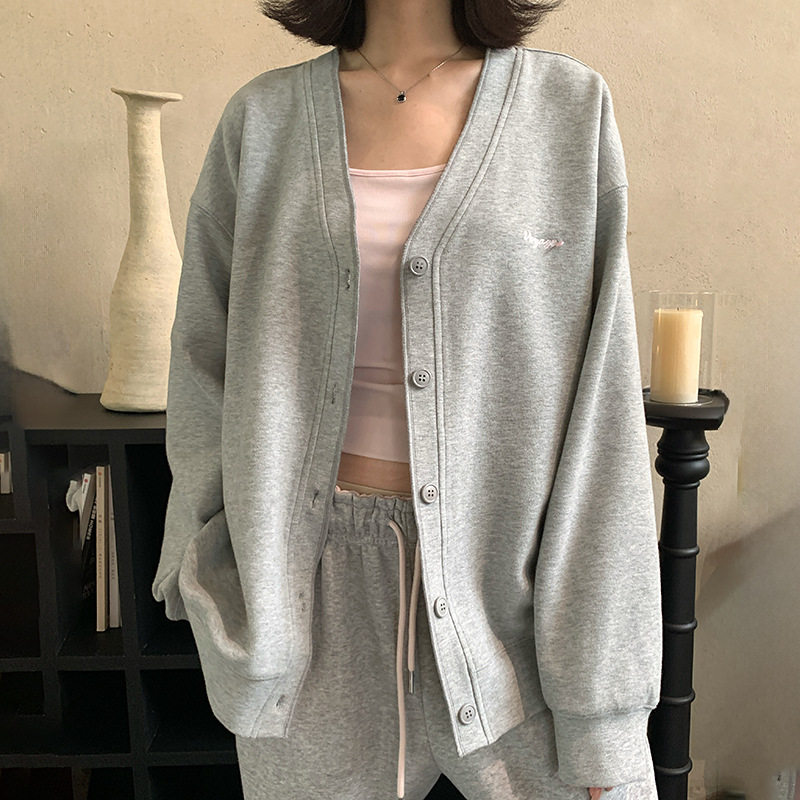 韩系慵懒风百搭卫衣开衫棒球上衣春季2026新款V领宽松休闲外套女