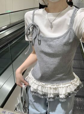 【人棉4色】休闲复古短袖T恤女夏季白色吊带体恤假两件套修身上衣