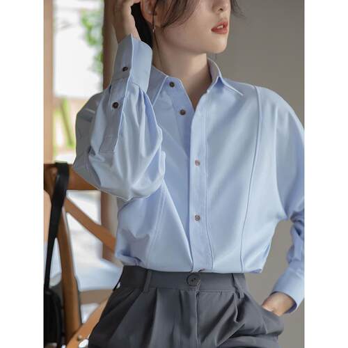 实拍抗皱法式蓝色衬衫女