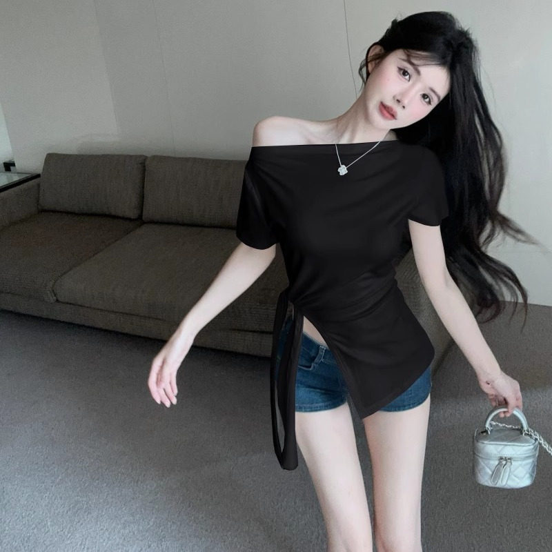 夏季新款收腰显瘦不规则设计感侧边绑带上衣女法式一字肩ins短袖