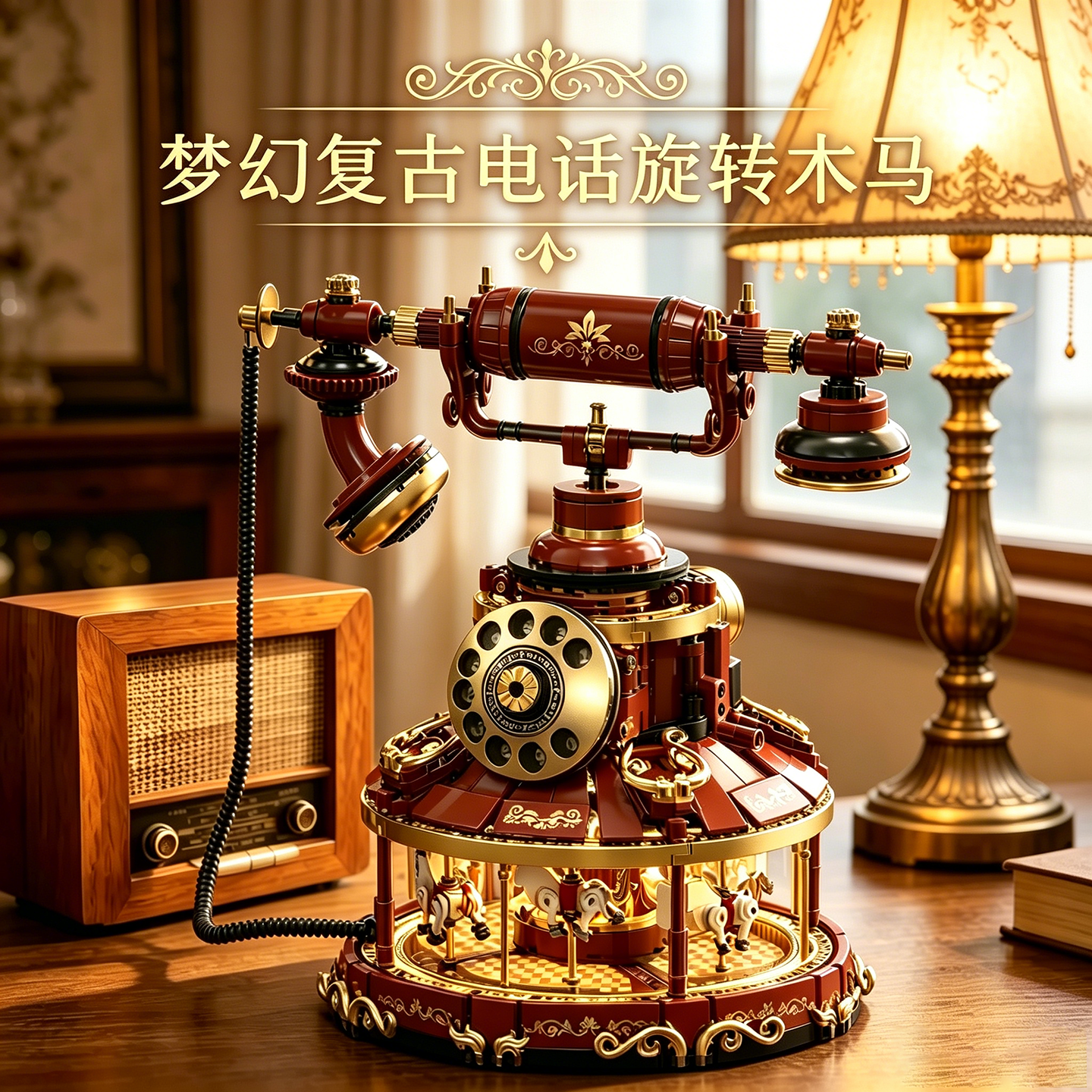 复古电话旋转木马积木拼装模型益智女孩玩具女生生日礼物桌面摆件