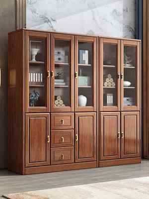 胡桃木实木书柜全实木玻璃门可带锁书橱书架办公室文件储物展示柜