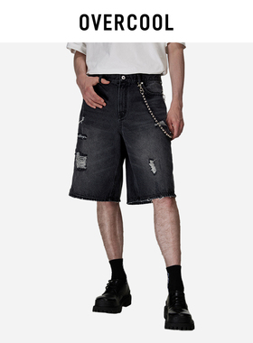 OVERCOOL 官方正品男士棉质手工破洞水洗宽松牛仔短裤