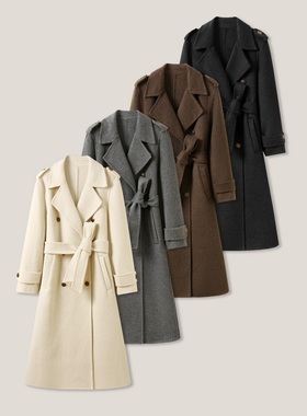 欧倪蜜 OUNIMI 长款休闲百搭毛呢戗驳领长袖腰带外套ss26480