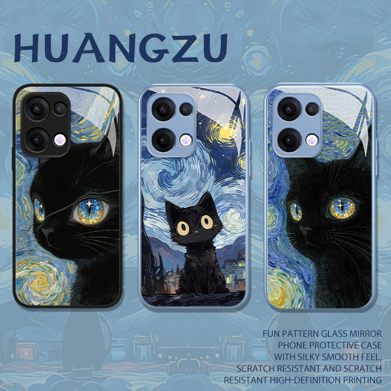 油画黑猫适用opporeno15手机壳findx8梵高findx9星空x9pro情侣reno14艺术x8ultra/x8s/x7/13/12/x6/11/10/8s+