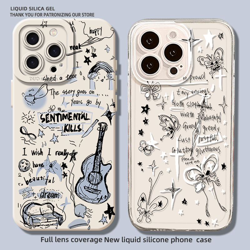 适用涂鸦手机壳吉他线条蝴蝶ins