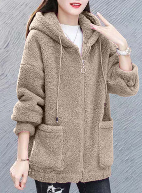羊羔绒卫衣女秋冬2025加绒加厚带帽口袋开衫慵懒风拉链外套女