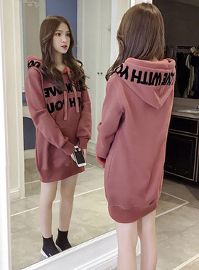 跨境东南亚连帽卫衣女2025冬装新款中长款加绒加厚宽松字母连帽衫