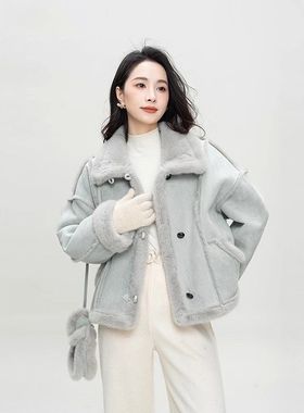 小个子毛毛拼接设计感加厚机车服女冬季新款宽松休闲立领蓝色外套