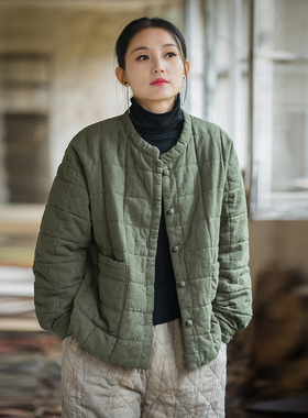 冬季女装新款苎麻夹棉绗缝方格棉袄棉服时尚文艺个性女式短棉衣