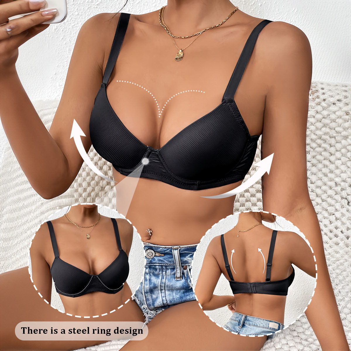 跨境亚马逊欧美无痕有钢圈内衣聚拢防下垂美背螺纹薄杯车缝款文胸,女装/女士精品,大码内搭,淘宝优惠券,粉丝福利购,淘宝优惠卷