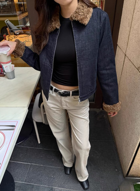 加厚夹棉丹宁拼接棉混纺黄色格纹短款H版型牛仔拼毛翻领外套5039