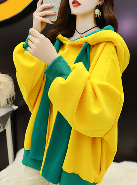 加绒加厚卫衣女中长款连帽撞色长袖时尚显瘦拼接双层帽卫衣女