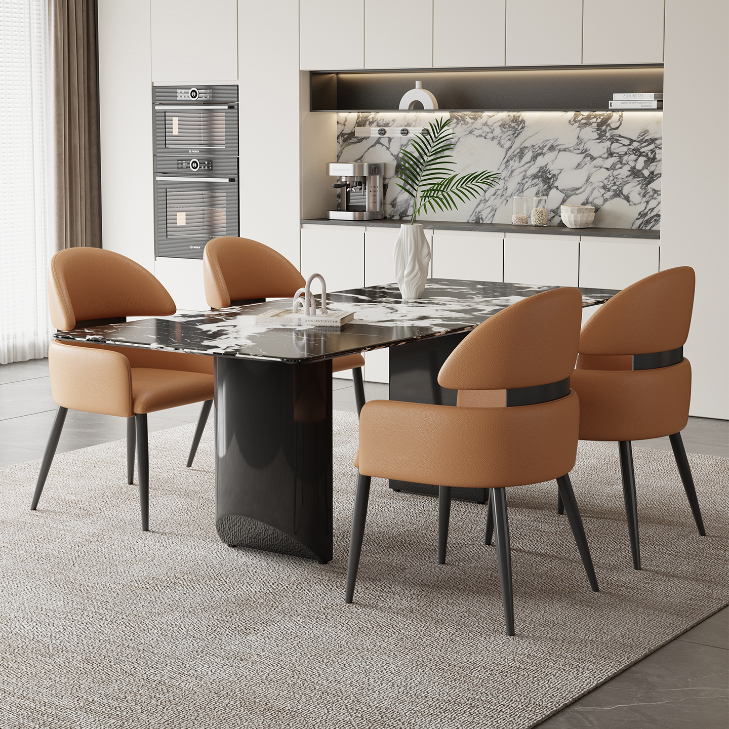 现代都市大理石餐桌简约家用长方形餐桌椅组合意式轻奢超晶石饭桌