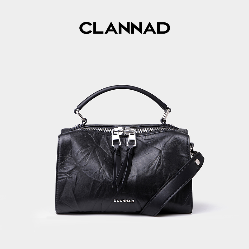 clannad/克兰纳蒂经典波士顿枕头包头层抓皱牛皮百搭单肩斜挎包