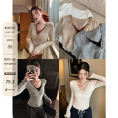 HAMYIHO V领上衣 正肩T恤内搭修身 拼接蕾丝边结构分割打底衫 女春季