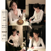 HAMYIHO狐狸毛毛边针织打底开衫 女早春新款 V领显瘦外搭上衣可外穿