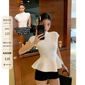 2026新款 HAMYIHO荷叶边下摆收腰上衣半高领针织短袖 T恤女内搭修身