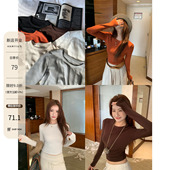 正肩加绒t恤基础款 HAMYIHO 上衣 女士短款 修身 内里磨毛长袖 打底衫