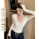 假两件拼接蕾丝边V领打底衫 女士正肩长袖 T恤2026春季 HAMYIHO 新款
