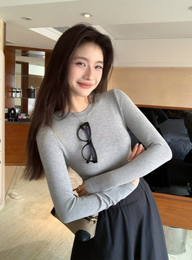 HAMYIHO圆领灰色打底衫女秋冬加绒2025新款白色内搭修身t恤上衣黑