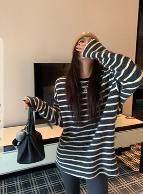 HAMYIHO条纹中长款打底衫女遮屁股加绒内搭t恤秋冬配鲨鱼裤的上衣