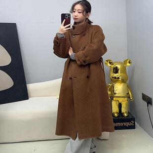 2025秋冬兔绒毛呢外套中长款 系带双排扣羊毛呢大衣 呢子立领修身
