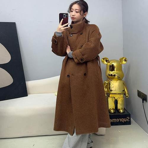 2025秋冬兔绒毛呢外套中长款呢子立领修身系带双排扣羊毛呢大衣