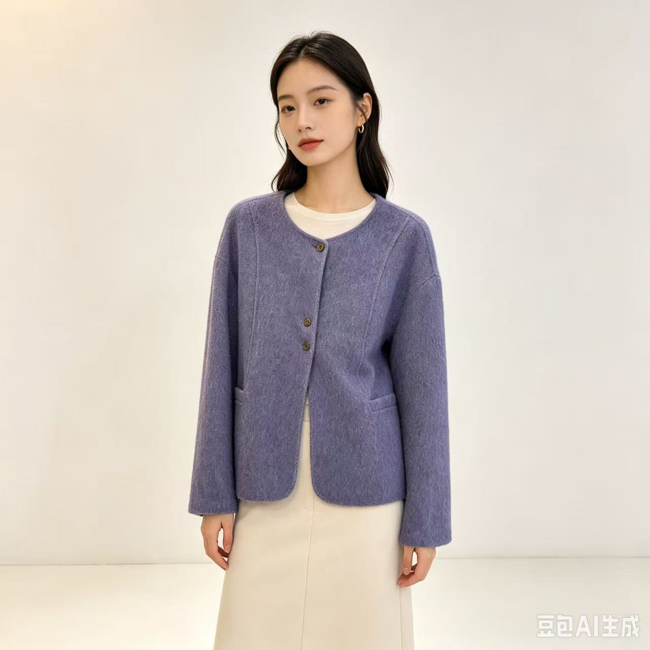 2026秋冬新款兔绒外套女圆领短款软糯高级感双面毛呢百搭气质上衣