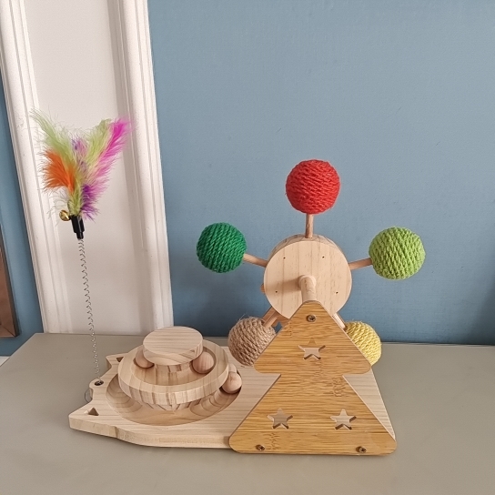 自嗨解闷逗猫棒猫咪摩天轮剑麻球实木猫转盘底座多功能益智猫玩具