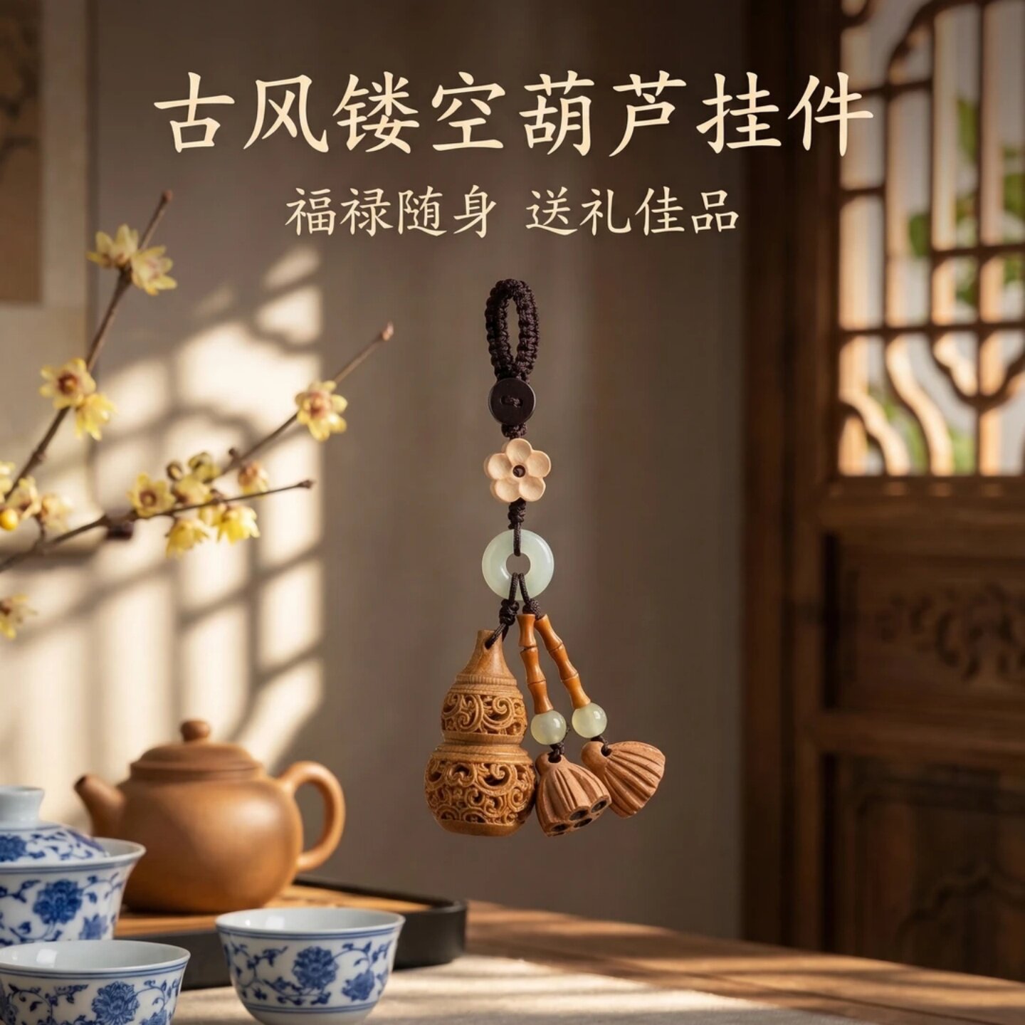 古风镂空葫芦挂件福禄随身送礼佳品绿檀木钥匙扣挂饰木质雕刻香薰