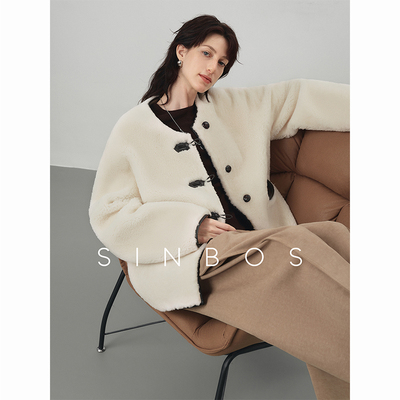 SINBOS沉香 进口美利奴皮毛一体女圆领2024冬新款羊羔毛皮草外套
