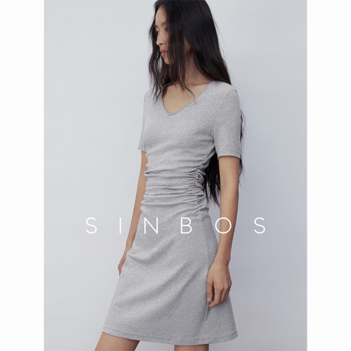 SINBOS缪斯之语 简约V领正肩抽褶修身A字氨纶连衣裙2025夏季新款