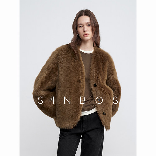 SINBOS苍山负雪 进口托斯卡纳皮毛一体秋冬新款v领短款皮草外套女