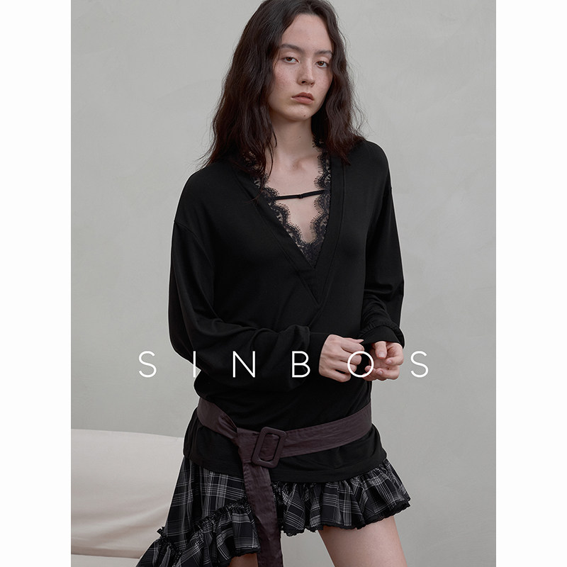 SINBOS缪斯女神 松弛感莱赛尔V领蕾丝花边针织衫上衣女25秋季新款图片
