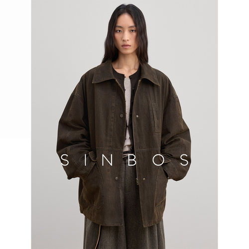 SINBOS沿海公路 水洗翻领工装白鸭绒中长款羽绒服女2025冬季新款
