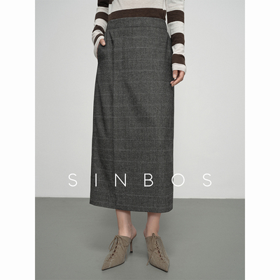 SINBOS格林 下摆开叉设计 复古格纹羊毛呢子直筒半身裙女中长款