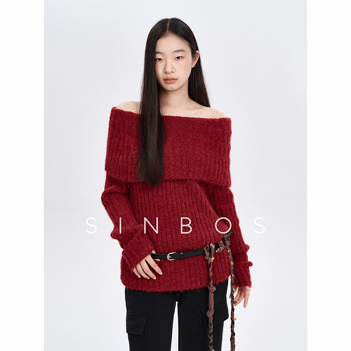 SINBOS百利甜 圣诞新年氛围感毛衣女秋季新款一字肩羊驼毛针织衫