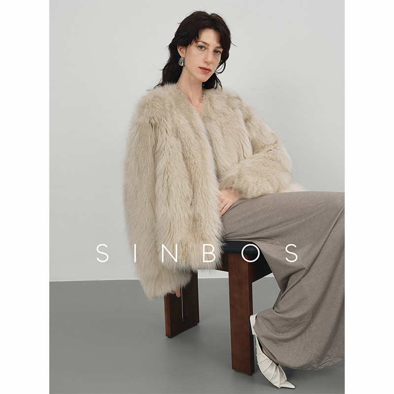 【汤圆TOYO】SINBOS白蔓 进口狐狸毛腹毛皮草大衣女V领宽松短外套