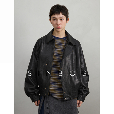 SINBOS温莎往事 做旧复古双色油蜡阔版绵羊真皮皮衣女25秋季新款